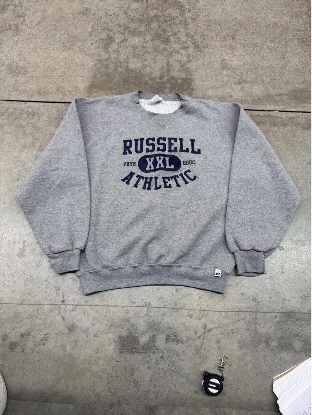 vintage russell athletics grey and navy spell out crewneck size large